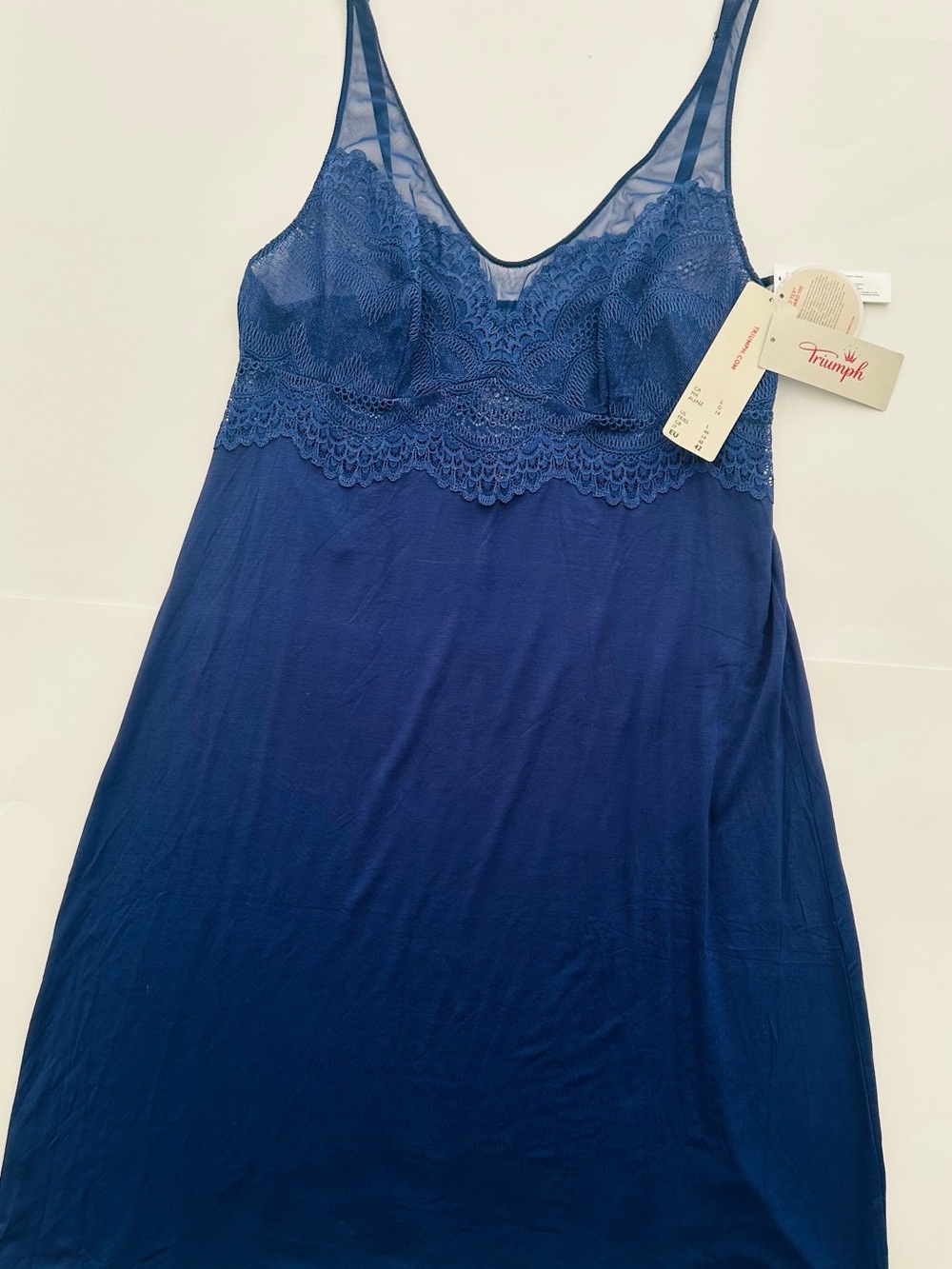 Triumph Deep Blue Lace-Trim Chemise, adjustable straps, New, L